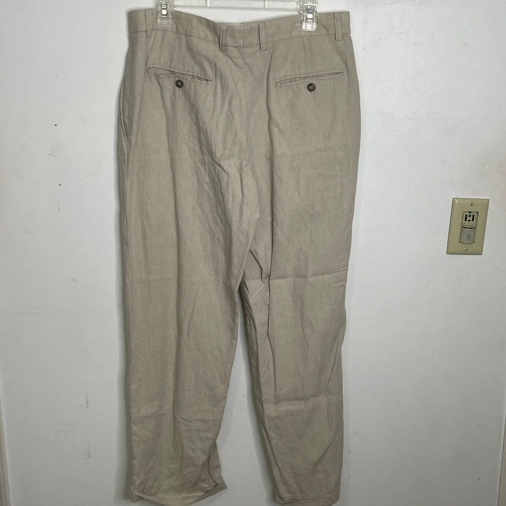 Mens Khaki Linen Blend Pleated Herringbone Pants 34x30 Old Money Travel Vacation